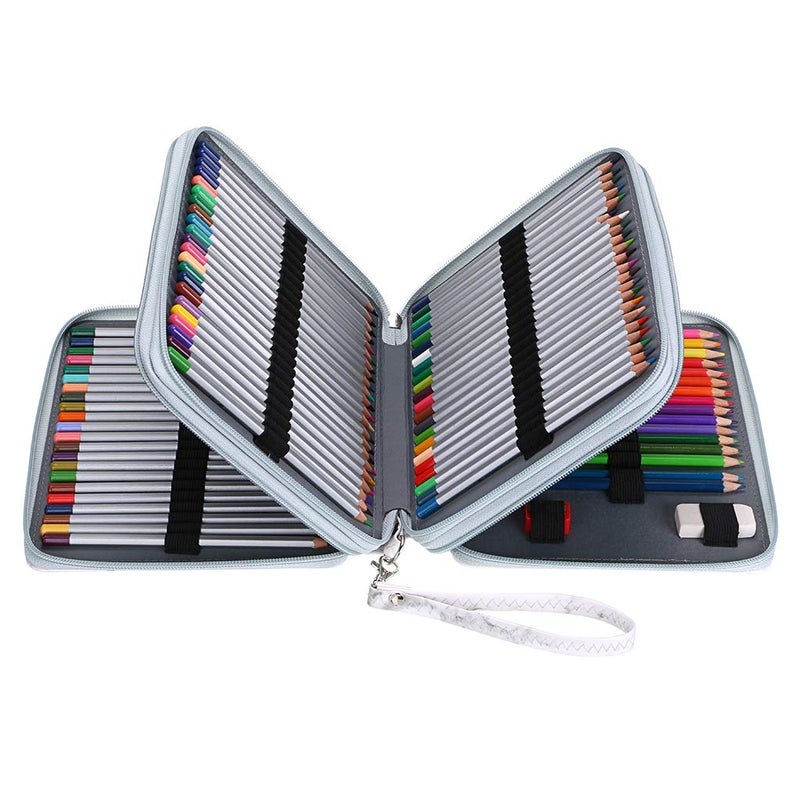 BTSKY Deluxe PU Leather Pencil Case For Colored Pencils - 120 Slot Pencil Holder with Handle Strap Handy Colored Pencil Box Large(White Marble) - Image 1